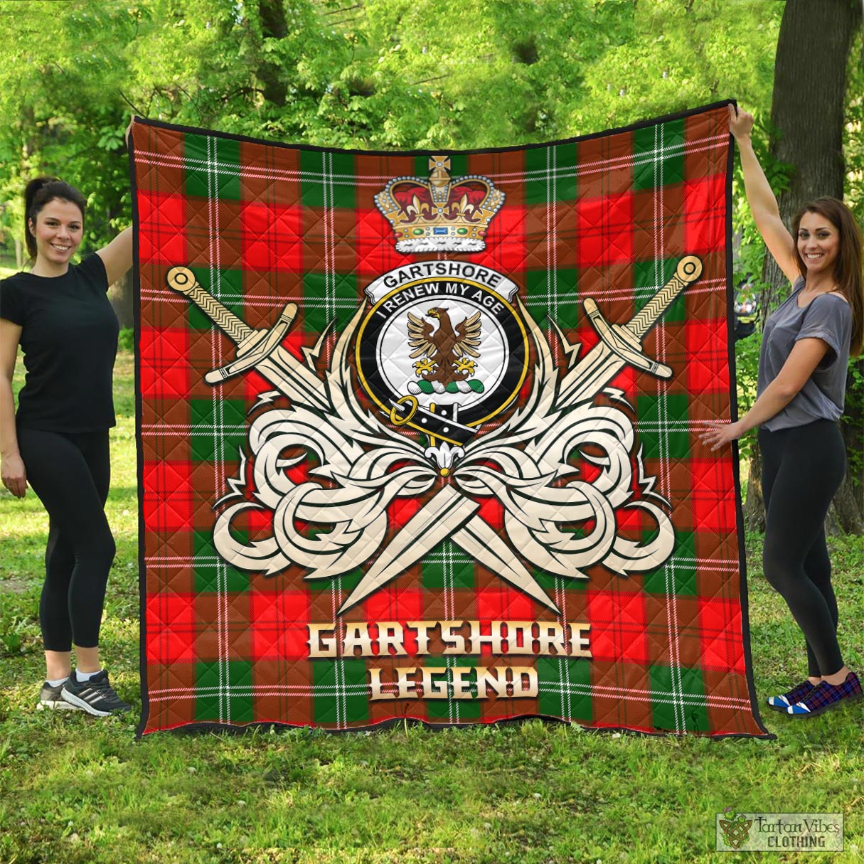 Tartan Vibes Clothing Gartshore Tartan Quilt with Clan Crest and the Golden Sword of Courageous Legacy