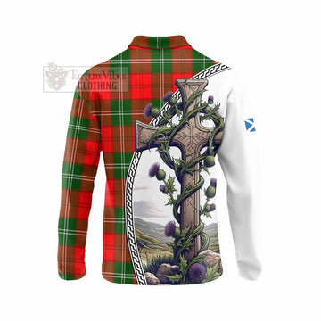 Gartshore Tartan Long Sleeve Polo Shirt with Family Crest and St. Andrew's Cross Accented by Thistle Vines - Tartan Vibes Clothing