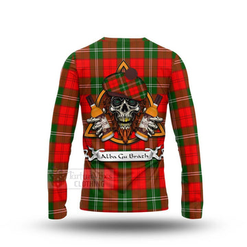 Gartshore Tartan Long Sleeve T-Shirt with Family Crest and Bearded Skull Holding Bottles of Whiskey - Tartan Vibes Clothing