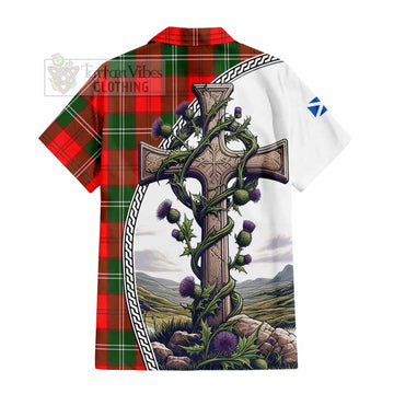 Gartshore Tartan Hawaiian Shirt with Family Crest and St. Andrew's Cross Accented by Thistle Vines - Tartan Vibes Clothing