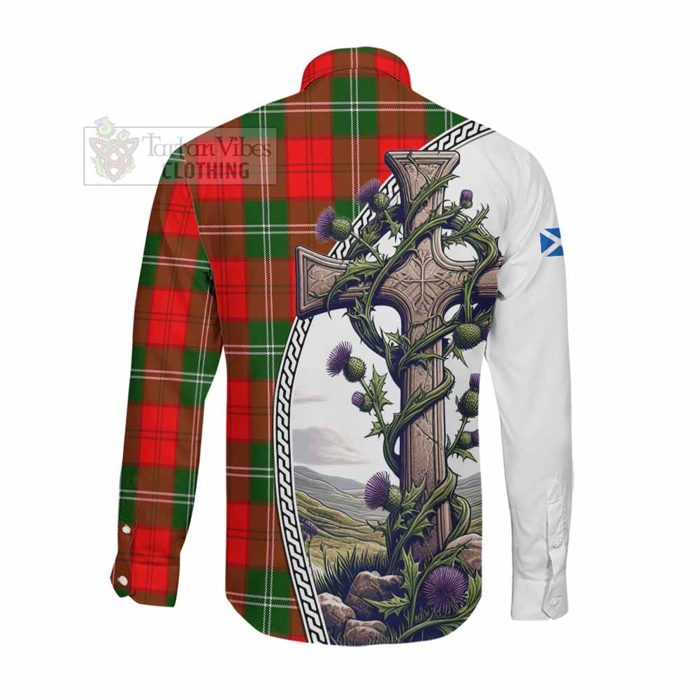 Gartshore Tartan Long Sleeve Button Shirt with Family Crest and St. Andrew's Cross Accented by Thistle Vines Men's Shirt - Tartan Vibes Clothing