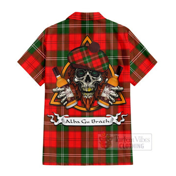 Gartshore Tartan Hawaiian Shirt with Family Crest and Bearded Skull Holding Bottles of Whiskey - Tartan Vibes Clothing