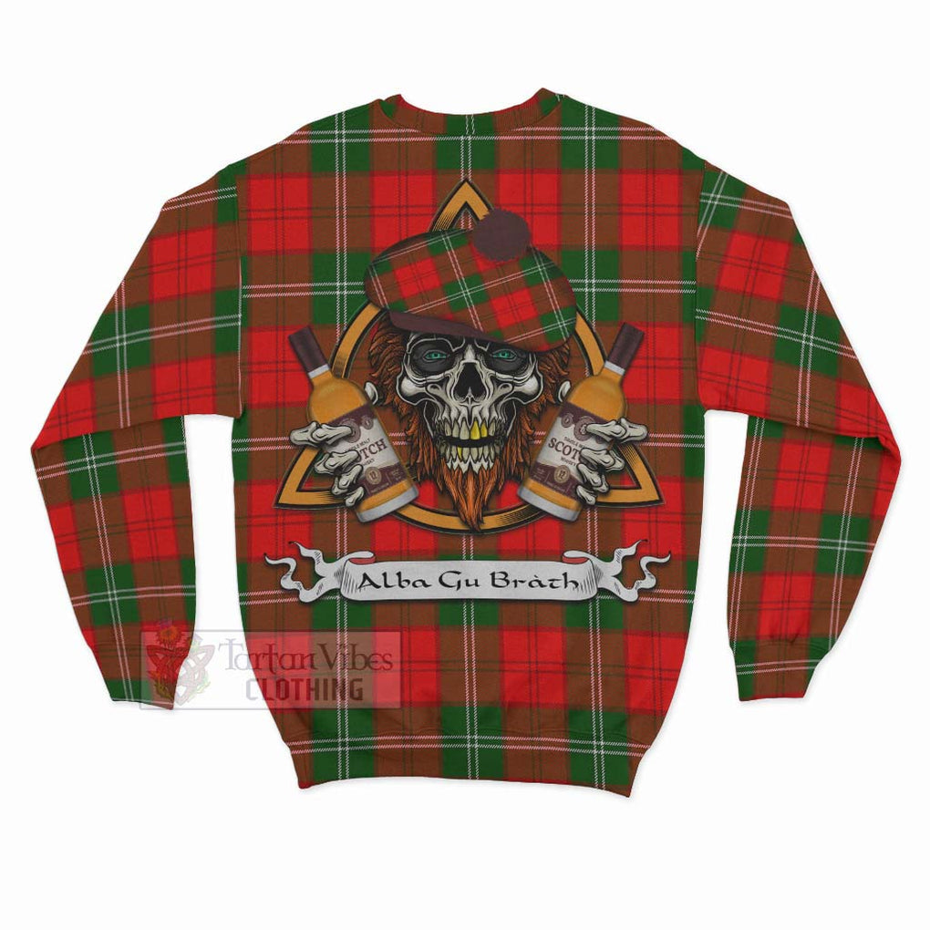Gartshore Tartan Sweatshirt with Family Crest and Bearded Skull Holding Bottles of Whiskey - Tartan Vibes Clothing