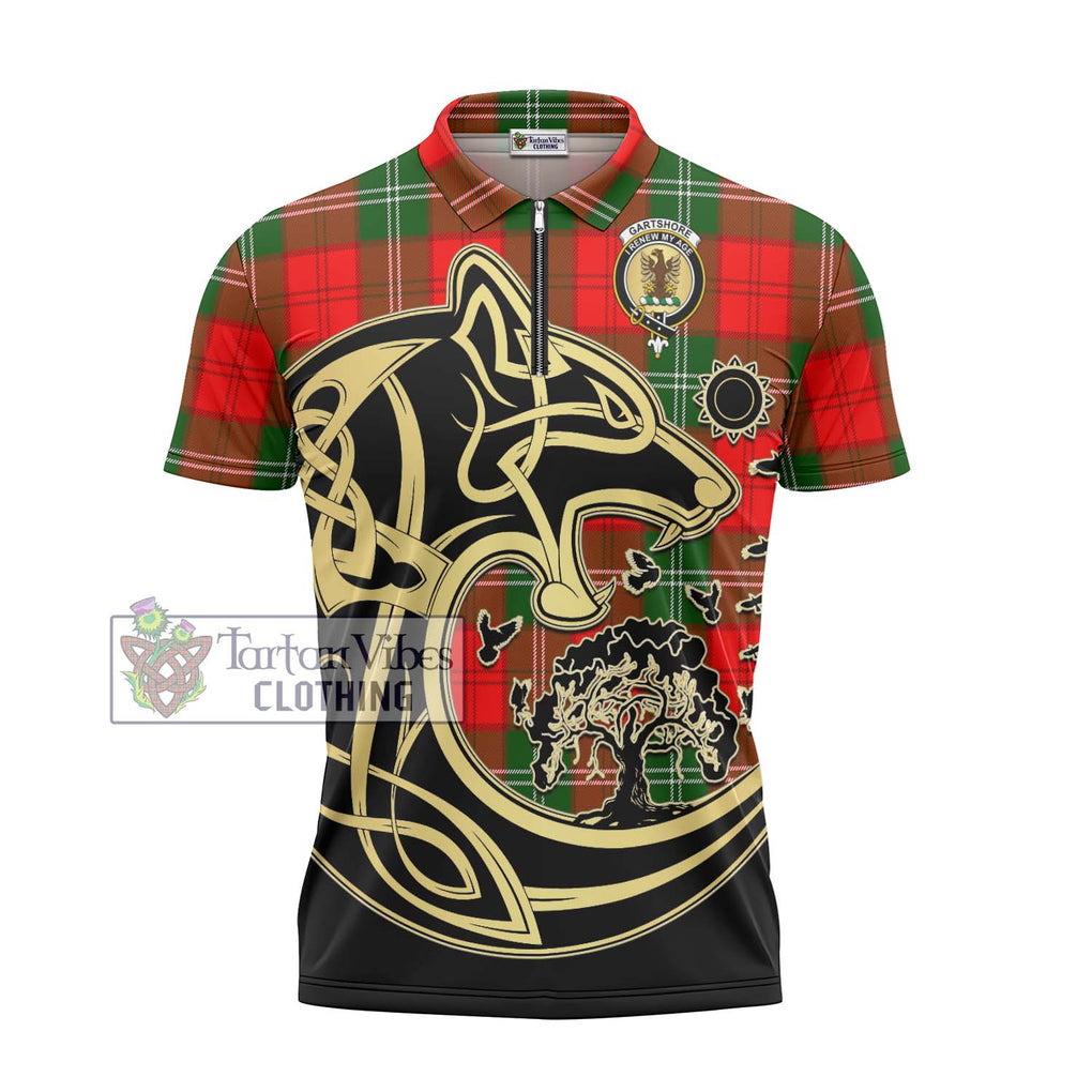 Gartshore Tartan Zipper Polo Shirt with Family Crest Celtic Wolf Style - Tartan Vibes Clothing