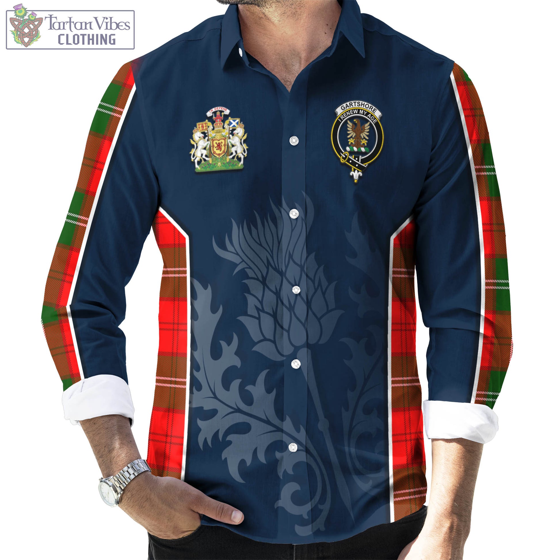 Gartshore Tartan Long Sleeve Button Up Shirt with Family Crest and Scottish Thistle Vibes Sport Style - Tartan Vibes Clothing