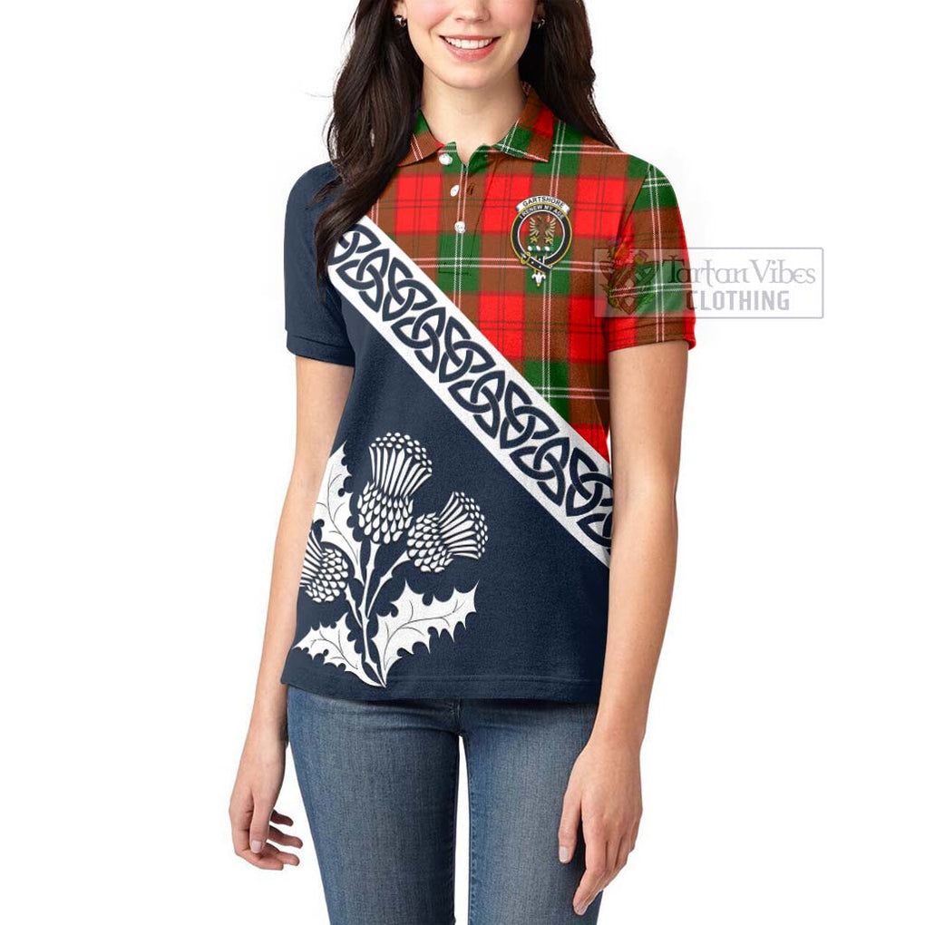 Gartshore Tartan Women's Polo Shirt Featuring Thistle and Scotland Map - Tartanvibesclothing Store