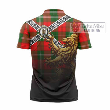Gartshore Crest Tartan Zipper Polo Shirt with Golden Lion Emblem Celtic Style - Tartan Vibes Clothing