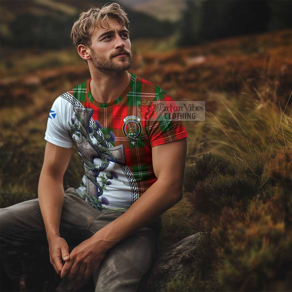 Tartan Vibes Clothing Gartshore Agnew Tartan T-Shirt with Family Crest and St. Andrew's Cross Accented by Thistle Vines