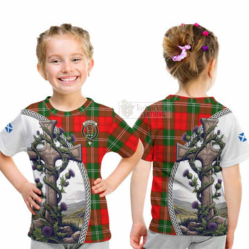 Tartan Vibes Clothing Gartshore Tartan Kid T-Shirt with Family Crest and St. Andrew's Cross Accented by Thistle Vines