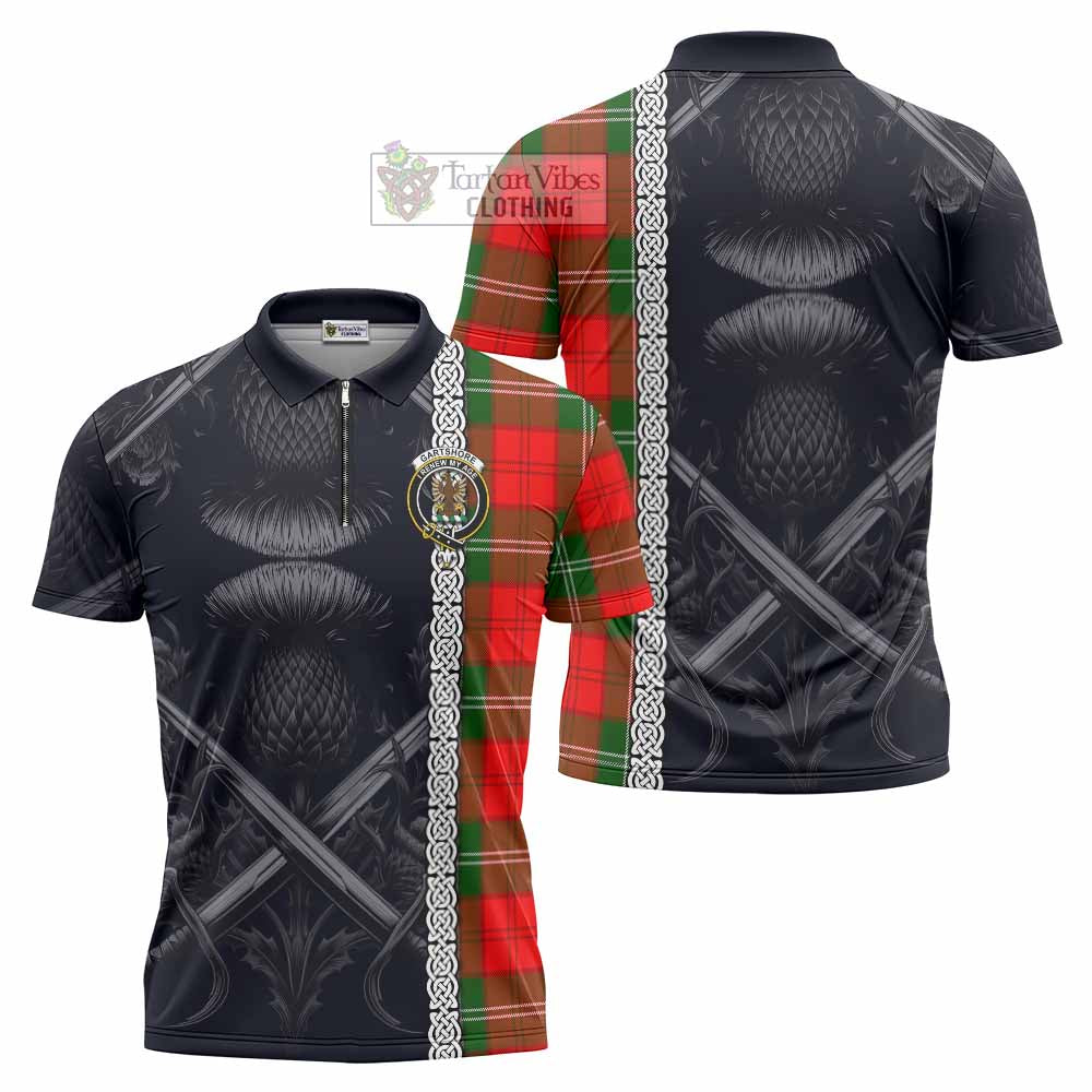 Gartshore Tartan Zipper Polo Shirt with Family Crest Cross Sword Thistle Celtic Vibes - Tartan Vibes Clothing