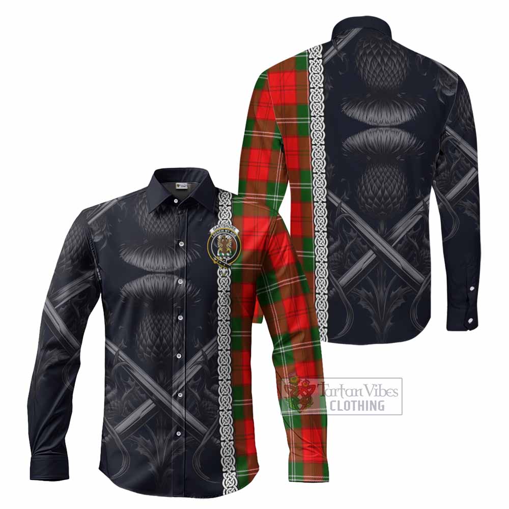 Tartan Vibes Clothing Gartshore Tartan Long Sleeve Button Shirt with Family Crest Cross Sword Thistle Celtic Vibes
