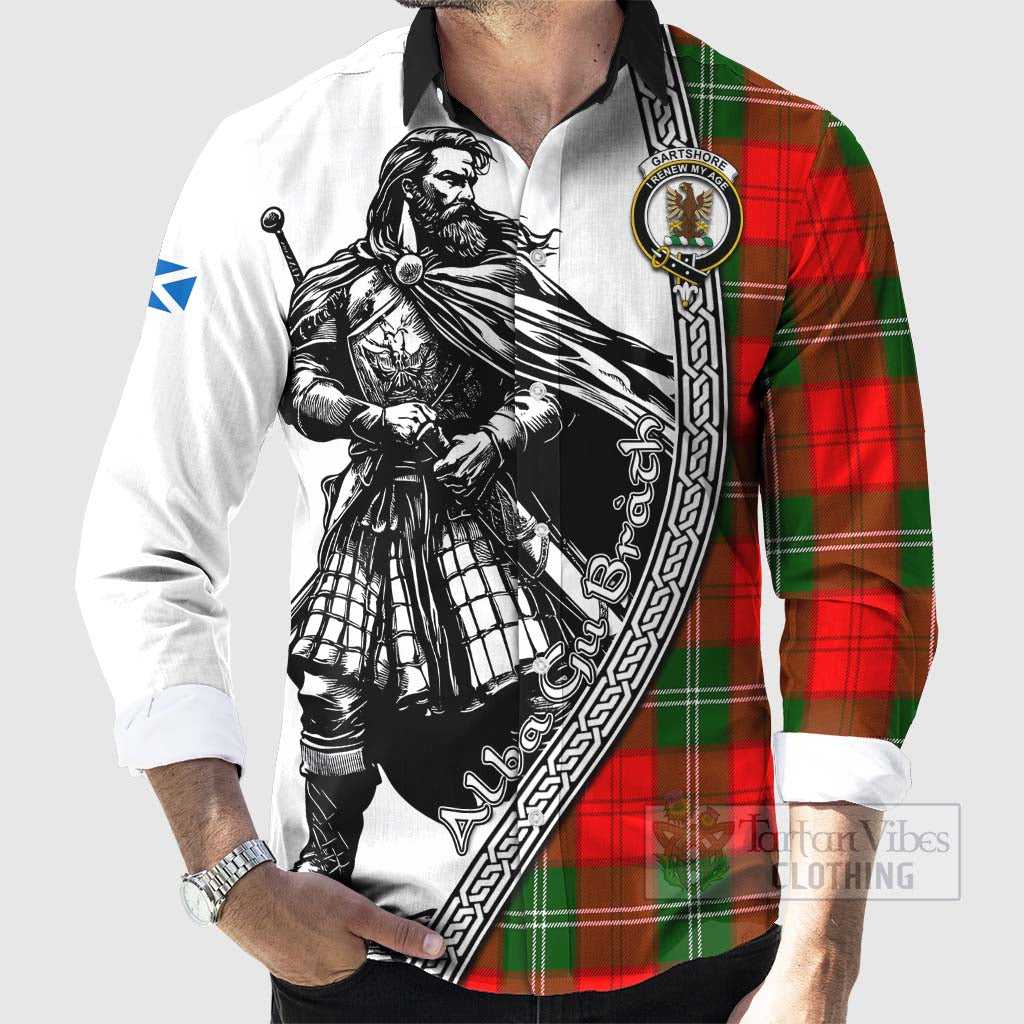Gartshore Tartan Clan Crest Long Sleeve Button Shirt with Highlander Warrior Celtic Style - Tartan Vibes Clothing