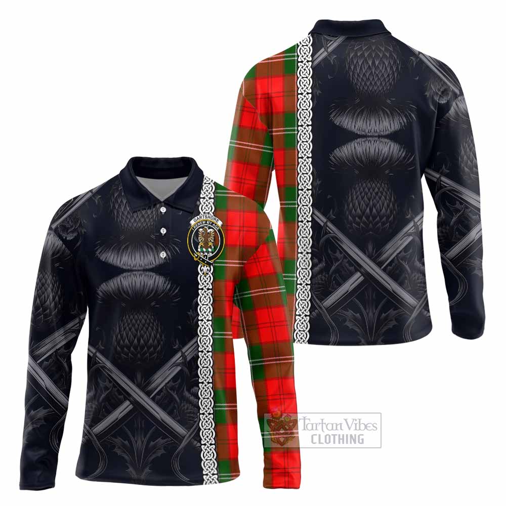 Gartshore Tartan Long Sleeve Polo Shirt with Family Crest Cross Sword Thistle Celtic Vibes - Tartan Vibes Clothing