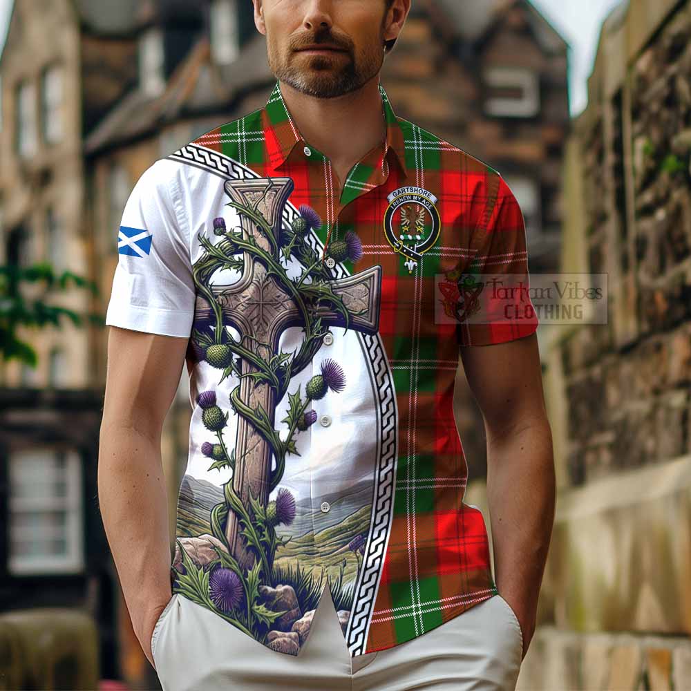 Gartshore Tartan Hawaiian Shirt with Family Crest and St. Andrew's Cross Accented by Thistle Vines - Tartan Vibes Clothing
