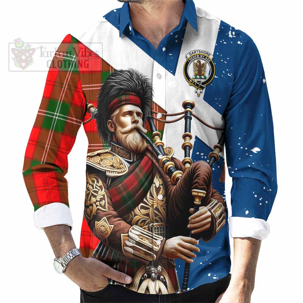 Gartshore Tartan Long Sleeve Button Shirt with Family Crest Scottish Bagpiper Vibes - Tartan Vibes Clothing