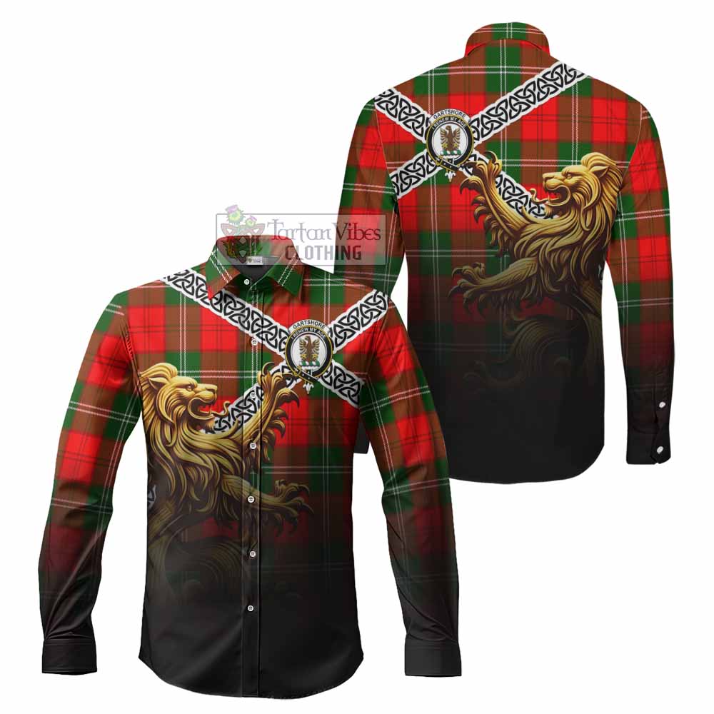 Gartshore Crest Tartan Long Sleeve Button Shirt with Golden Lion Emblem Celtic Style - Tartan Vibes Clothing