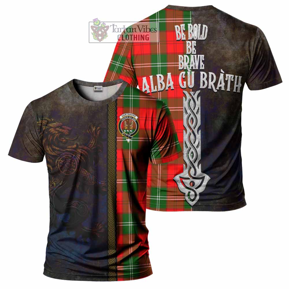 Tartan Vibes Clothing Gartshore Tartan Family Crest T-Shirt Alba Gu Brath Be Brave Lion Ancient Style