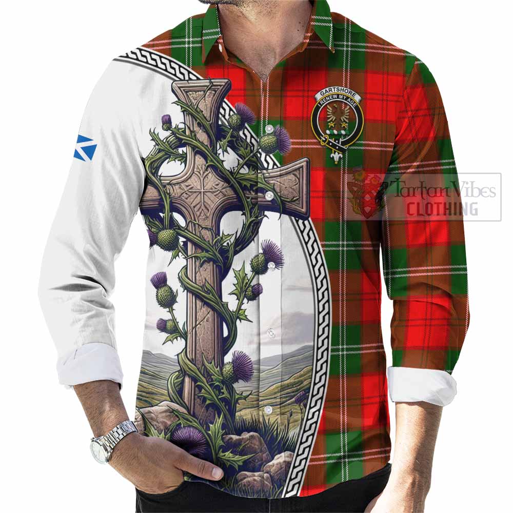 Gartshore Tartan Long Sleeve Button Shirt with Family Crest and St. Andrew's Cross Accented by Thistle Vines - Tartan Vibes Clothing