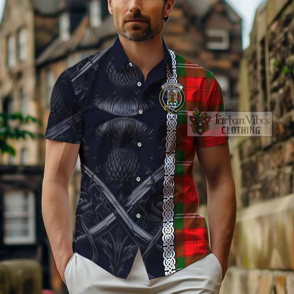 Gartshore Tartan Hawaiian Shirt with Family Crest Cross Sword Thistle Celtic Vibes - Tartan Vibes Clothing