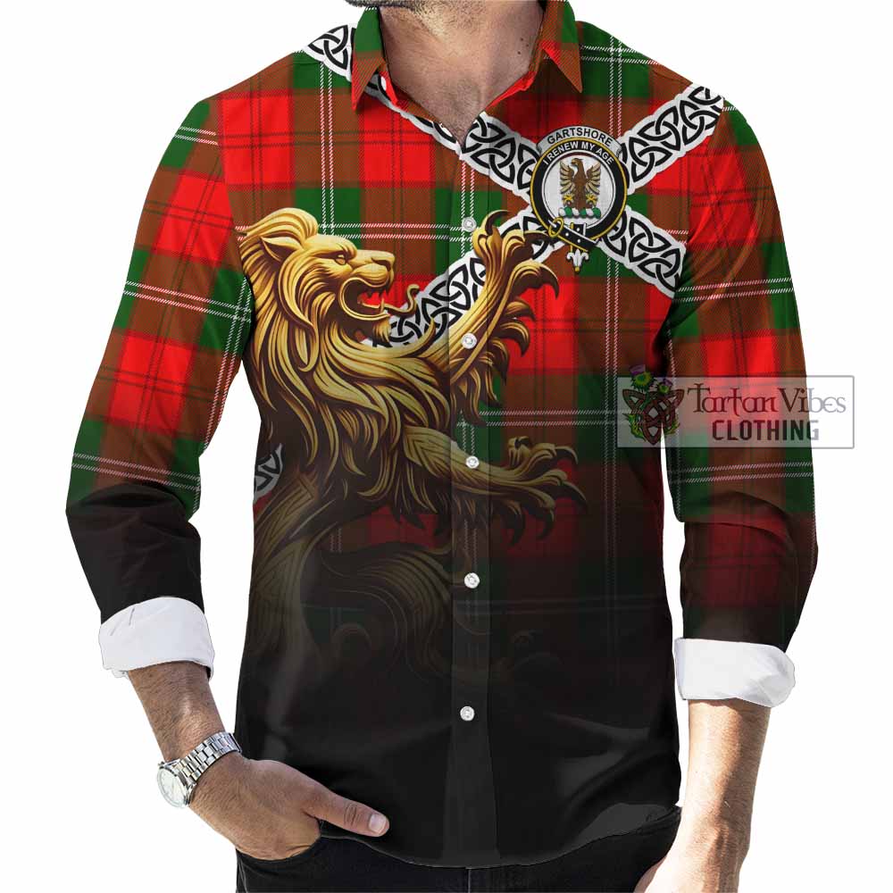 Gartshore Crest Tartan Long Sleeve Button Shirt with Golden Lion Emblem Celtic Style - Tartan Vibes Clothing