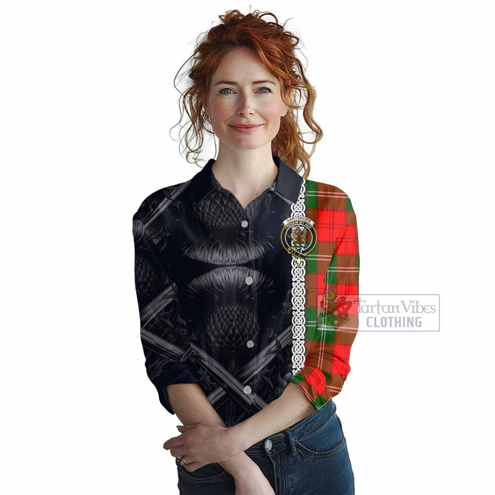 Gartshore Tartan Women's Casual Shirt with Family Crest Cross Sword Thistle Celtic Vibes - Tartan Vibes Clothing