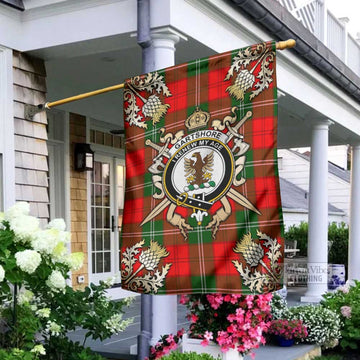 Tartan Vibes Clothing Gartshore Tartan Flag with Family Crest and Golden Thistle Crossed Sword Design