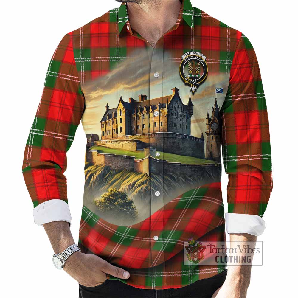 Tartan Vibes Clothing Gartshore Tartan Family Crest Long Sleeve Button Shirt with Scottish Ancient Castle Style