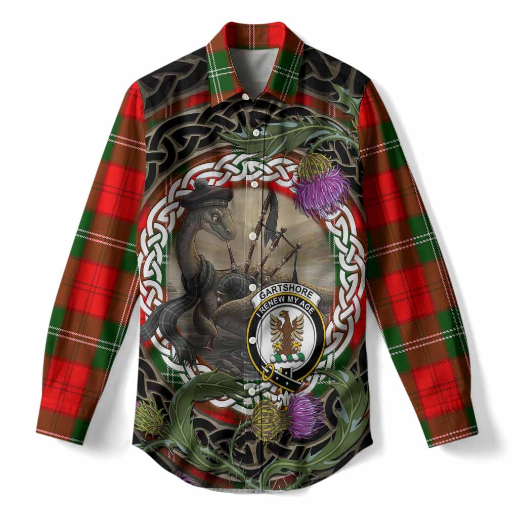 Gartshore Tartan Crest Bagpipe Nessie Women Casual Shirt Scottish Loch Ness Monster Celtic Thistle