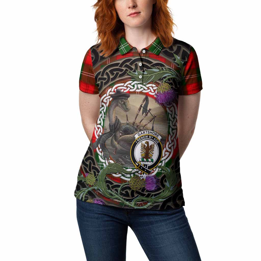 Gartshore Tartan Crest Bagpipe Nessie Women Polo Shirt Scottish Loch Ness Monster Celtic Thistle