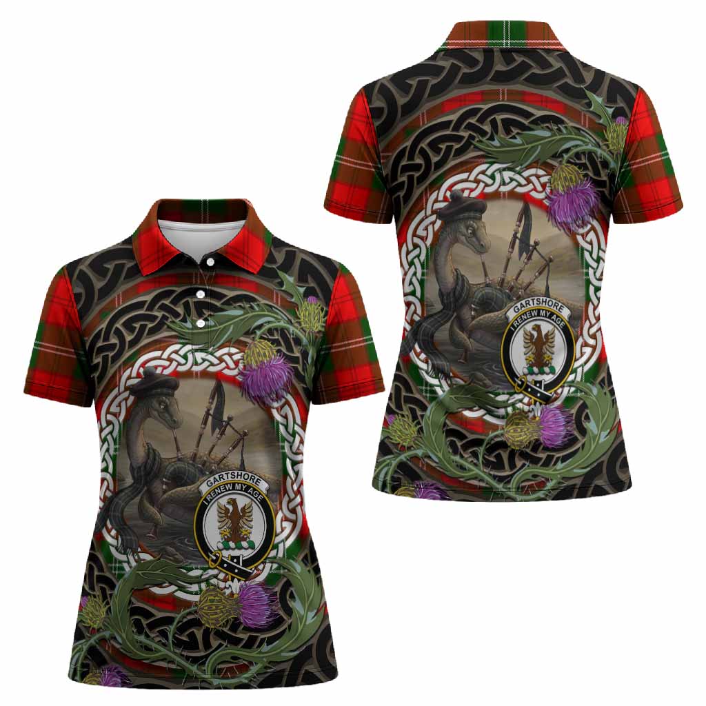 Gartshore Tartan Crest Bagpipe Nessie Women Polo Shirt Scottish Loch Ness Monster Celtic Thistle
