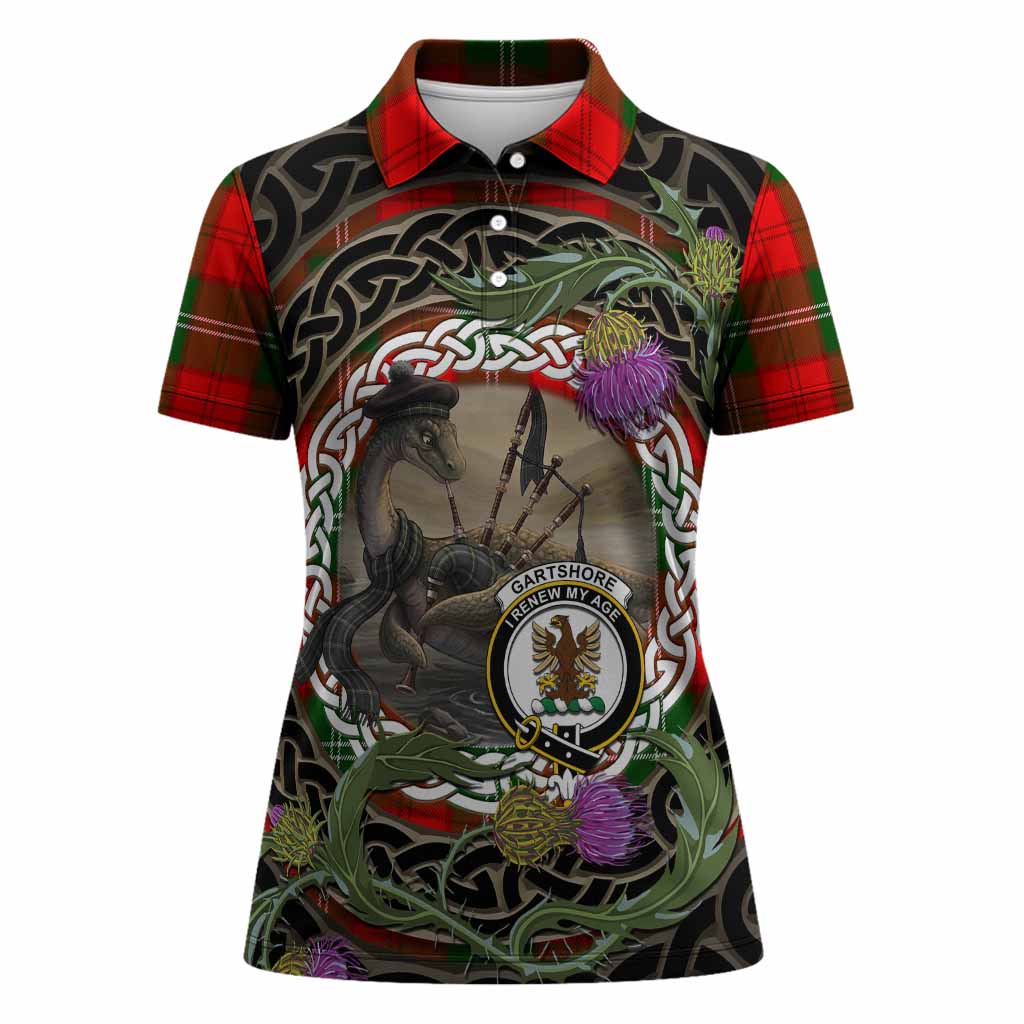 Gartshore Tartan Crest Bagpipe Nessie Women Polo Shirt Scottish Loch Ness Monster Celtic Thistle