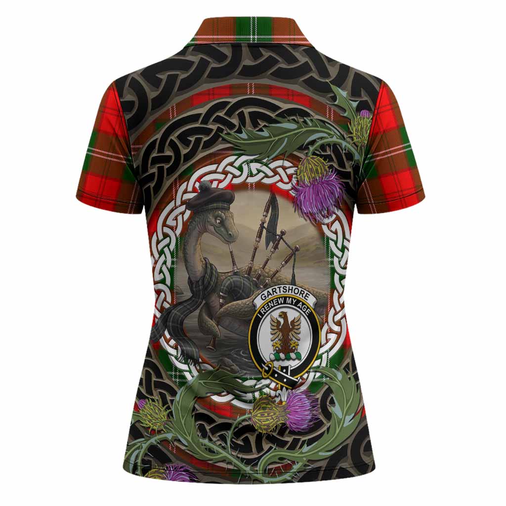 Gartshore Tartan Crest Bagpipe Nessie Women Polo Shirt Scottish Loch Ness Monster Celtic Thistle