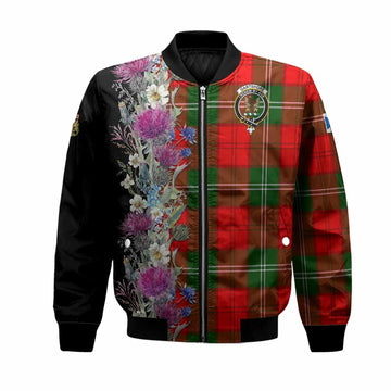 Gartshore Tartan Crest Thistle Floral Bomber Jacket Unisex Black - Tartan Vibes Clothing