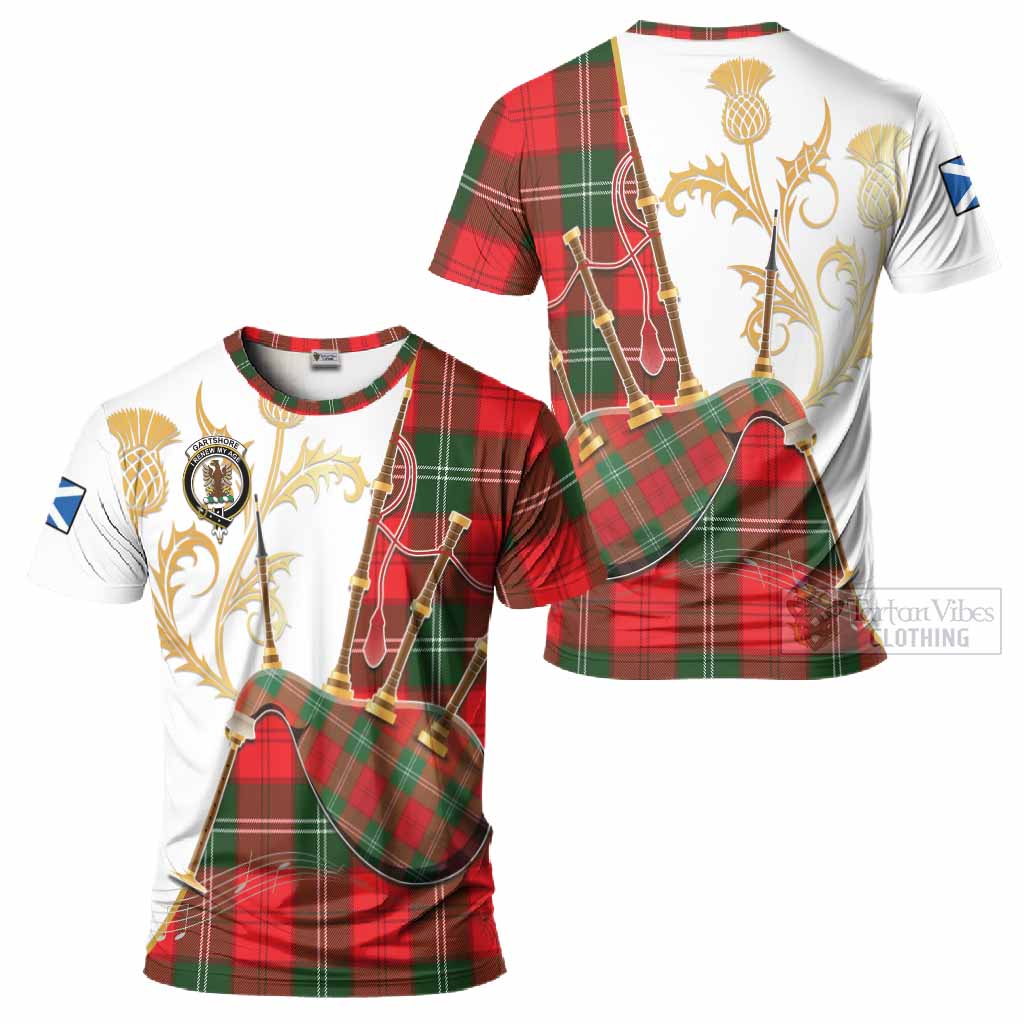 Gartshore Tartan Family Crest T-Shirt Bagpipes with Scottish Thistle