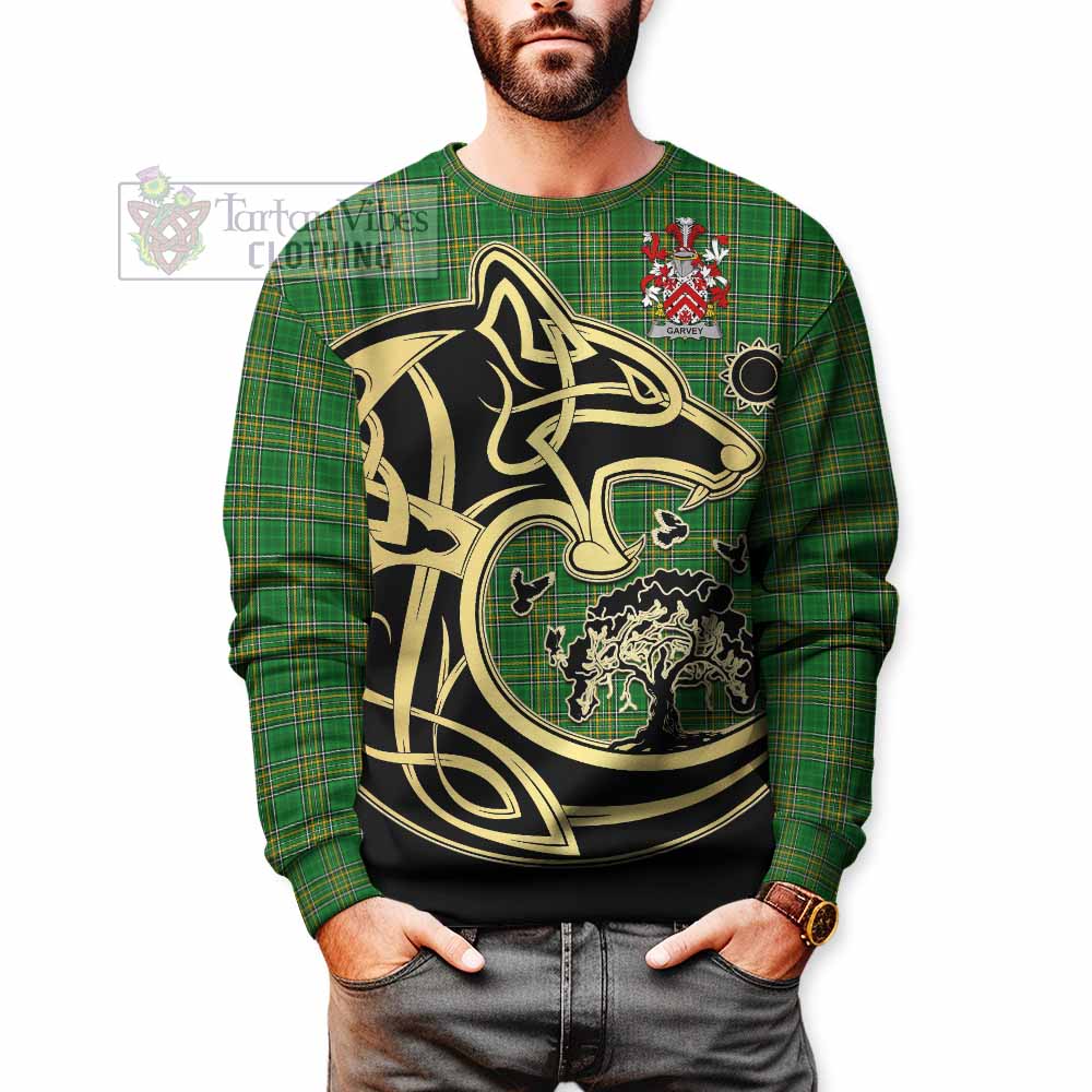Tartan Vibes Clothing Garvey Irish Tartan Sweatshirt with Coat of Arms Celtic Wolf Style