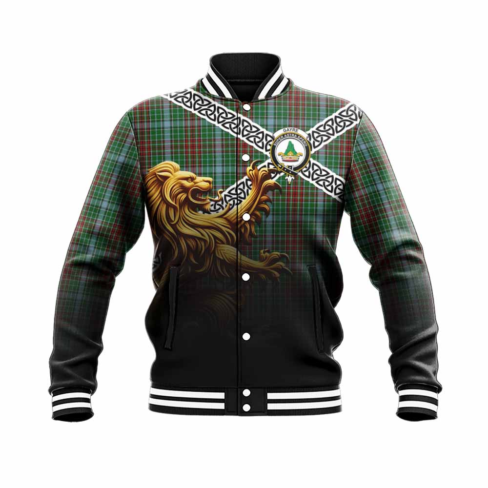 Tartan Vibes Clothing Gayre Crest Tartan Baseball Jacket with Golden Lion Emblem Celtic Style