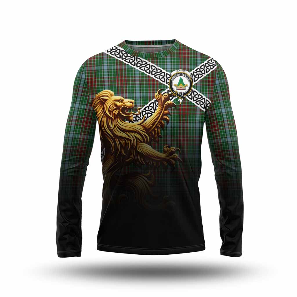 Tartan Vibes Clothing Gayre Crest Tartan Long Sleeve T-Shirt with Golden Lion Emblem Celtic Style