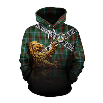 Gayre Crest Tartan Cotton Hoodie with Golden Lion Emblem Celtic Style
