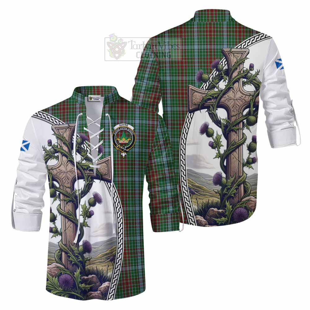 Tartan Vibes Clothing Gayre Tartan Ghillie Kilt Shirt with Family Crest and St. Andrew's Cross Accented by Thistle Vines