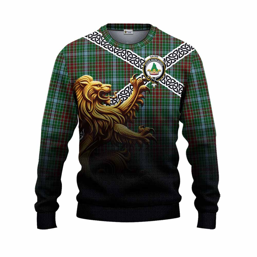 Tartan Vibes Clothing Gayre Crest Tartan Knitted Sweater with Golden Lion Emblem Celtic Style