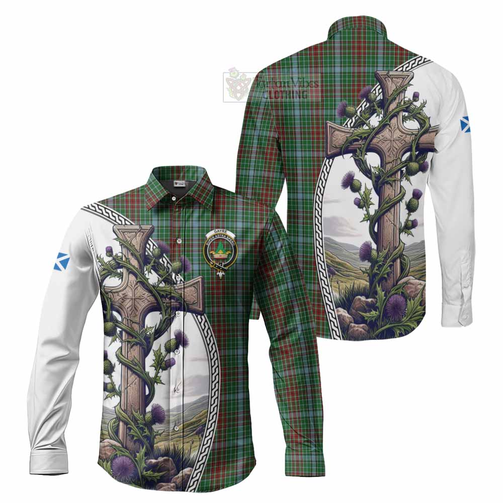Tartan Vibes Clothing Gayre Tartan Long Sleeve Button Shirt with Family Crest and St. Andrew's Cross Accented by Thistle Vines