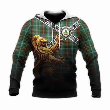 Gayre Crest Tartan Knitted Hoodie with Golden Lion Emblem Celtic Style