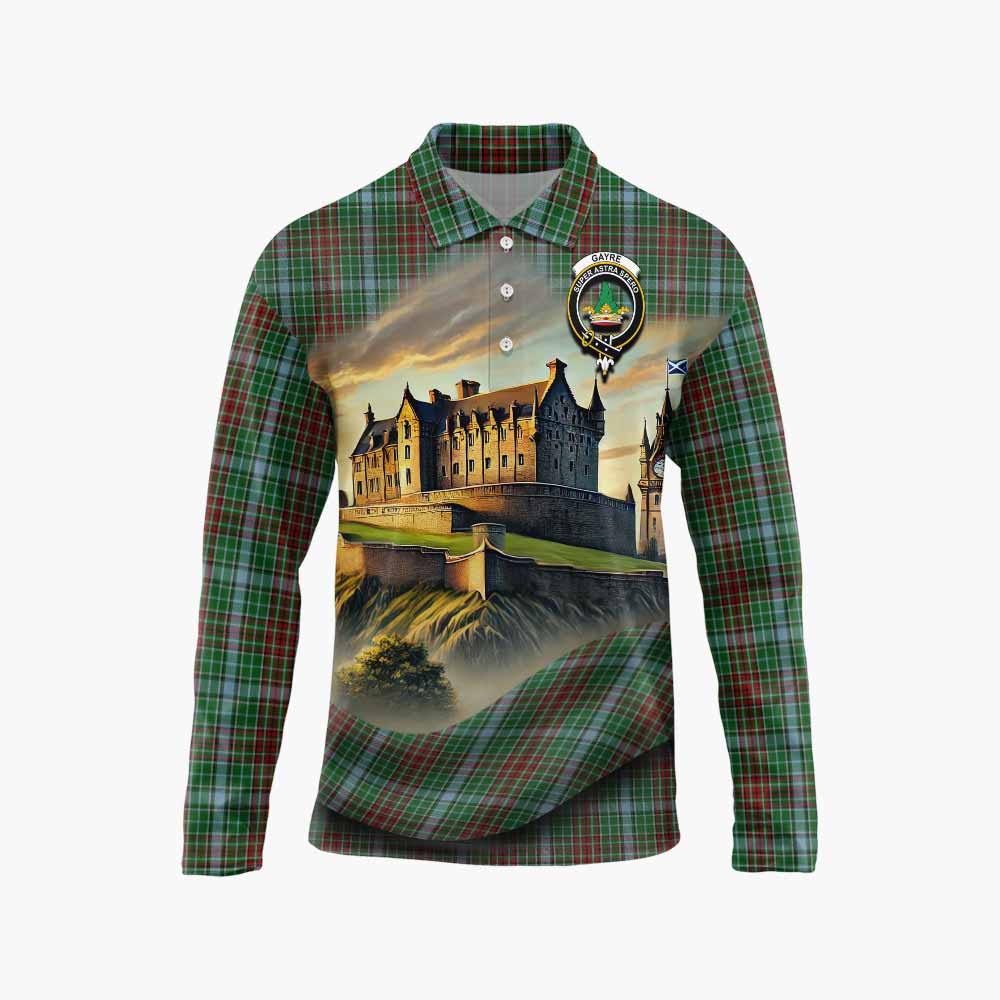 Tartan Vibes Clothing Gayre Tartan Family Crest Long Sleeve Polo Shirt with Scottish Ancient Castle Style