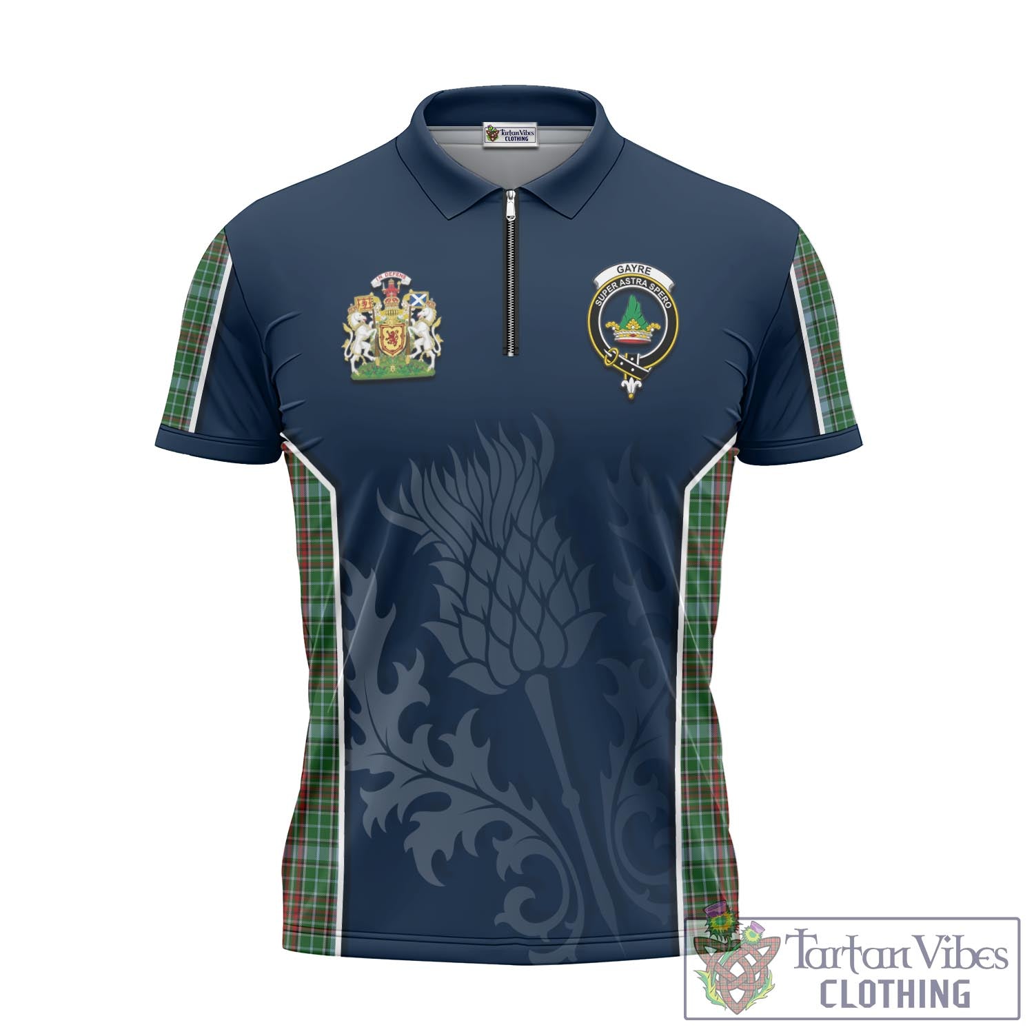 Tartan Vibes Clothing Gayre Tartan Zipper Polo Shirt with Family Crest and Scottish Thistle Vibes Sport Style