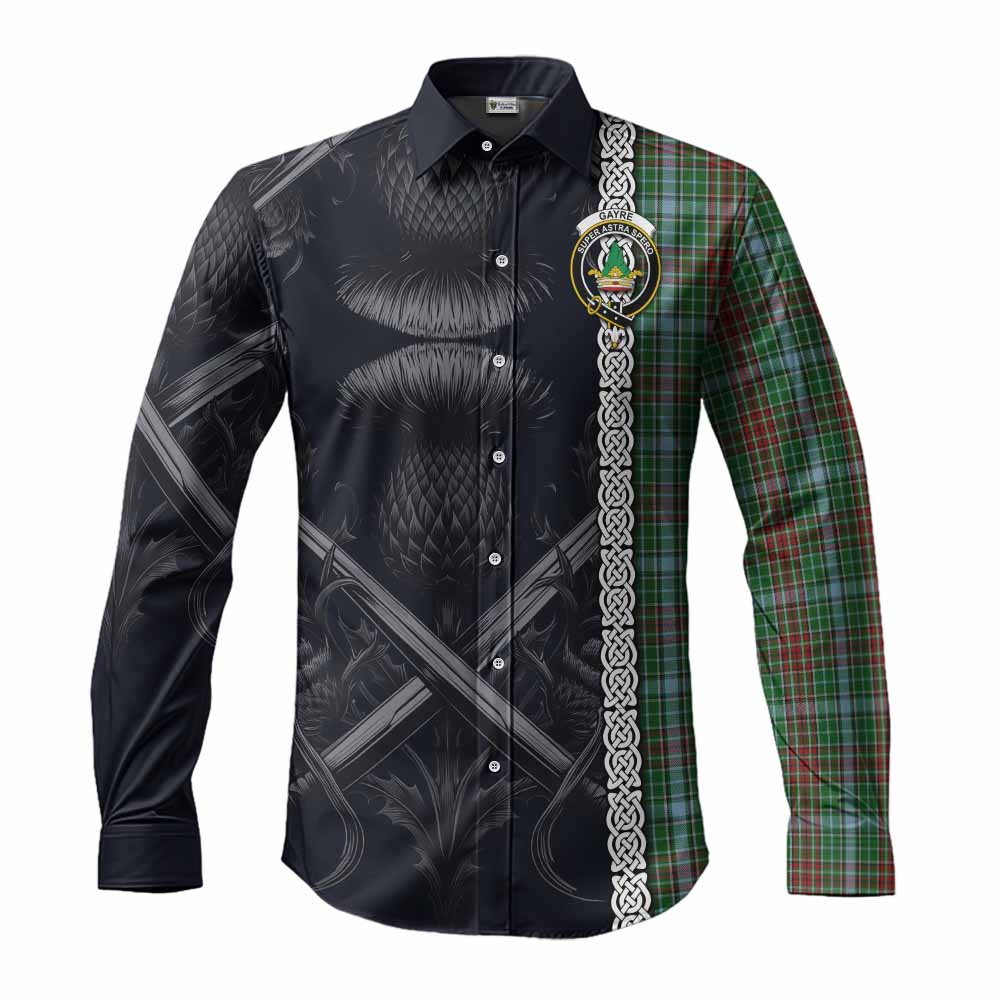 Tartan Vibes Clothing Gayre Tartan Long Sleeve Button Shirt with Family Crest Cross Sword Thistle Celtic Vibes
