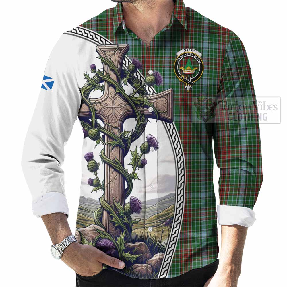 Tartan Vibes Clothing Gayre Tartan Long Sleeve Button Shirt with Family Crest and St. Andrew's Cross Accented by Thistle Vines