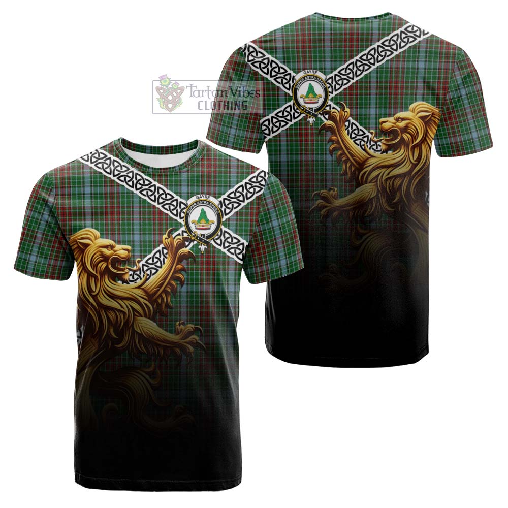 Tartan Vibes Clothing Gayre Crest Tartan Cotton T-shirt with Golden Lion Emblem Celtic Style