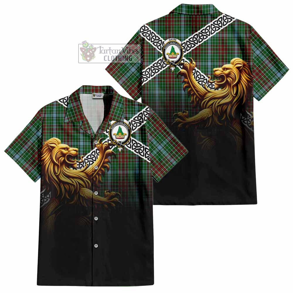 Tartan Vibes Clothing Gayre Crest Tartan Short Sleeve Button Shirt with Golden Lion Emblem Celtic Style