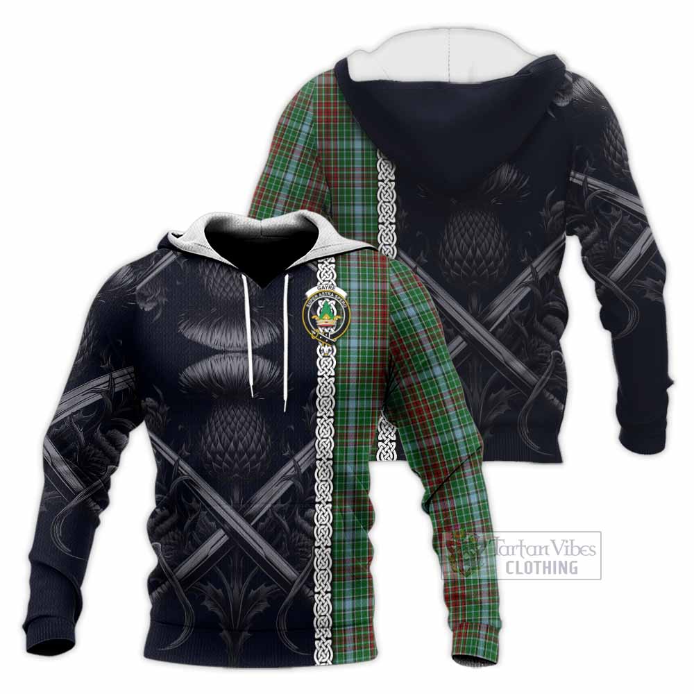 Tartan Vibes Clothing Gayre Tartan Knitted Hoodie with Family Crest Cross Sword Thistle Celtic Vibes