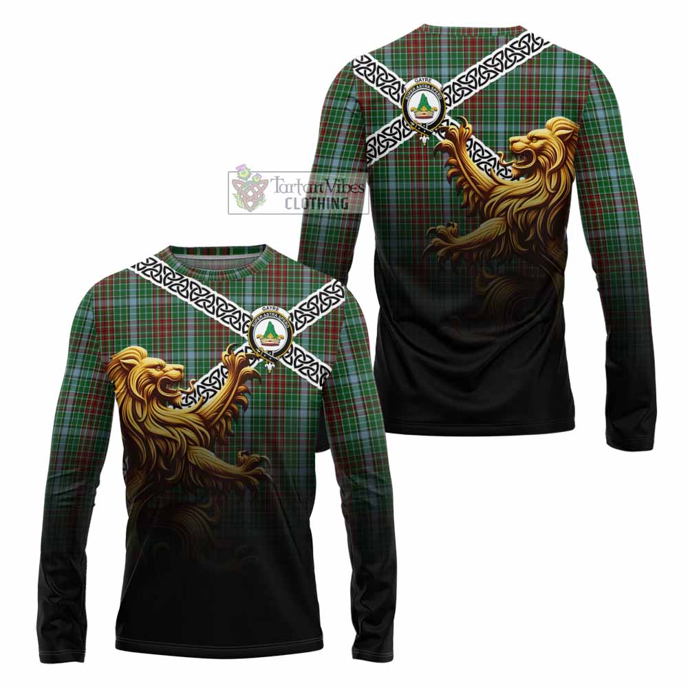 Tartan Vibes Clothing Gayre Crest Tartan Long Sleeve T-Shirt with Golden Lion Emblem Celtic Style